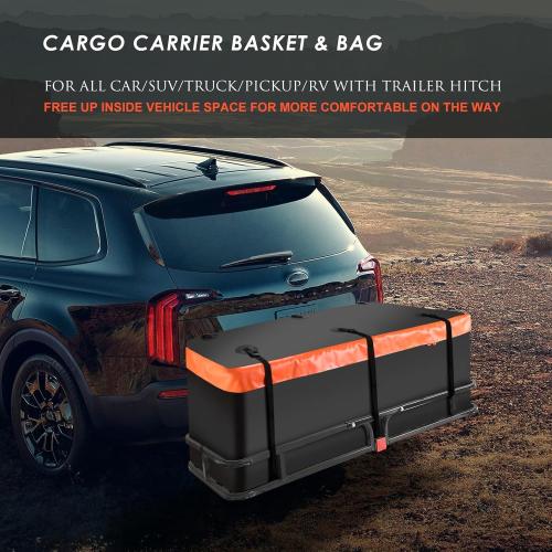 MeeFar Hitch Mount Cargo Carrier Basket 53 x19 x 5 Waterproof Cargo Bag (51 x17x 18), Hauling Weight Capacity of 500 Lbs fit on 2 Inch Receiver with Hitch Stabilizer,Net and Straps