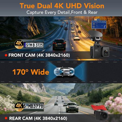 4K Dash Cam Front and Rear, STARVIS 2 Night Vision, Free 64GB Card, 5GHz WiFi with App, Built-in GPS, Dash Camera for Cars 170° Wide Angle, 3 IPS Screen, Loop Recording, 24H Parking Monitor