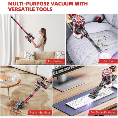 WLOTPO Vacuum Cleaners for Home,Cordless Vacuum Cleaner,Lightweight Stick Vacuum Cordless Rechargeable,Self-Standing Design,LED Touch Screen,Vacuum for Hardwood Floors,Carpet,Pet Hair(Dark Red)