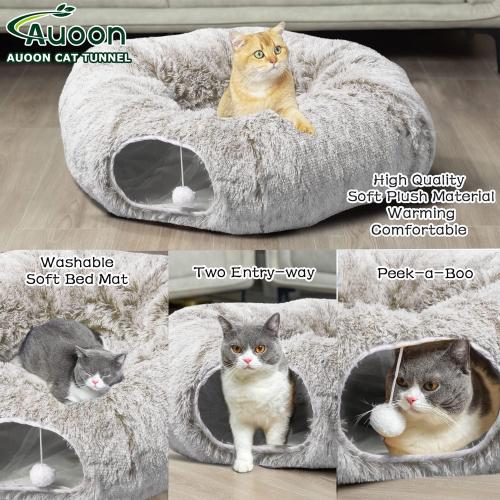 AUOON Cat Tunnel Bed for Indoor Cats - Large Cat Donut Tunnel with Hanging Ball Toy, Collapsible 2-in-1 Multifunctional Interactive Cat Toy for Kitten, Puppy, Rabbit, Ferret (Khaki)