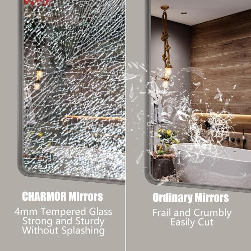 28x32 Silver Bathroom Mirror for Wall, Brushed Metal Framed Bathroom Vanity Mirror, Modern Rounded Corner Rectangle Mirror, Anti-Rust (Horizontal/Vertical)