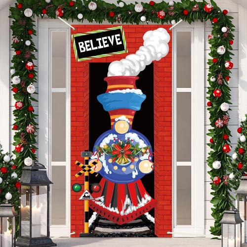 Christmas Express Train Door Cover Decoration Christmas Believe Front Hanging Banner Xmas Holiday Train Door Cover Sign for Home Wall Indoor Outdoor Party