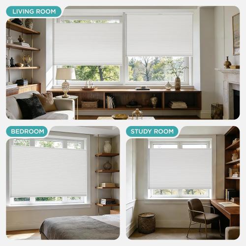 Joydeco No Tools No Drill Blinds for Indoor Windows, Cordless Window Blinds Cellular Shades Top Down Bottom Up Blackout Honeycomb Blinds Thermal Insulated Noise Reduction (White, 43 W x 64 H)