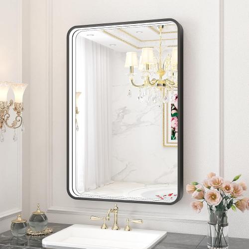 24x36 Inch LED Bathroom Mirror with Lights, Black Metal Framed LED Mirror for Bathroom, 3 Colors and Stepless Dimmable Wall Mounted Lighted Bathroom Vanity Mirror, Anti-Fog, Memory
