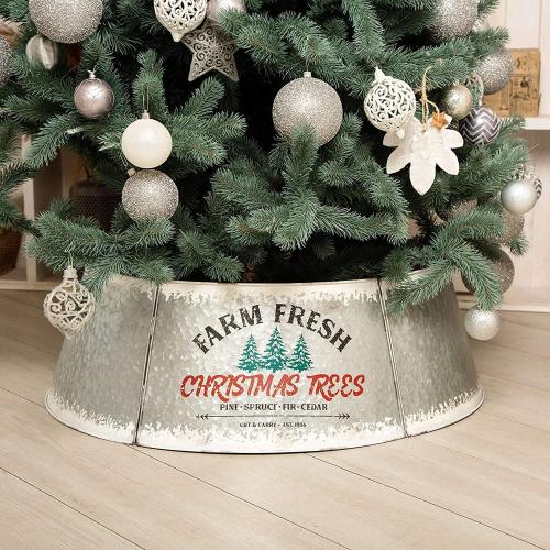 Galvanized Christmas Tree Collar - Adjustable Metal Skirt for Large to Small Trees - Distressed White, Standard Size - Christmas Decor