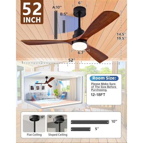 52 Inch Ceiling fans with Lights and Remote,Wood Outdoor Ceiling Fan for Patios with Dimmable LED Light,3 Blades Walnut,Noiseless Reversible DC Motor,Modern Fan for Indoor,Farmhouse