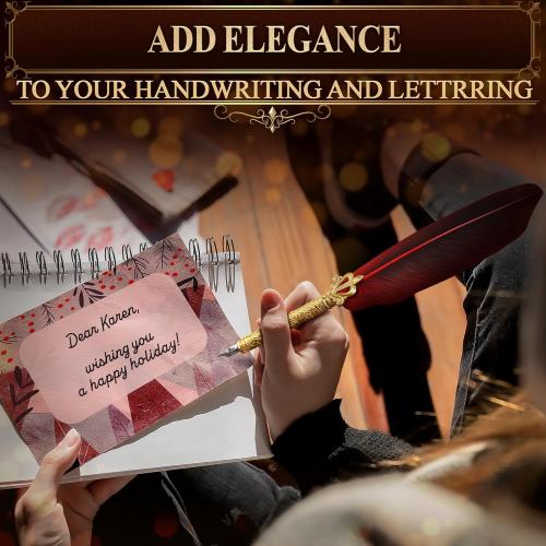 Red Feather Quill Pen and Ink Set - 11.4 Antique Feather Pen and Ink Set with Stainless Steel Nib for Calligraphy Practice, Drawing & Signatures - Designed for Beginners and Calligraphy Enthusiasts