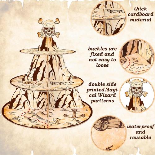 Pirate Cupcake Stand 3-Tier Treasure Map Cupcake Tower for Pirate Birthday Party Supplies and Decorations