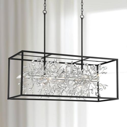 Possini Euro Design Carrine Silver Metal Rectangle Linear Pendant Chandelier 38 1/2 Wide Modern Clear Crystal Flower Vine 8-Light Fixture for Kitchen Island Dining Room House High Ceilings