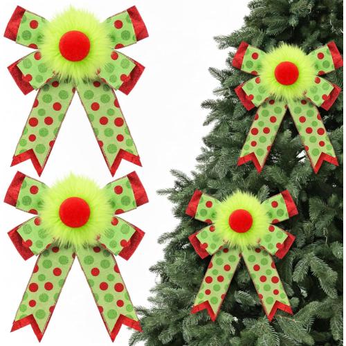 2 Pack Red Green Christmas Bows Decorations 9x13 Large Plush Wreath Bows Ornaments with Green Red Dot for Xmas Tree Home Fence Stairs Fireplace Front Garland Indoor Outdoor Decor