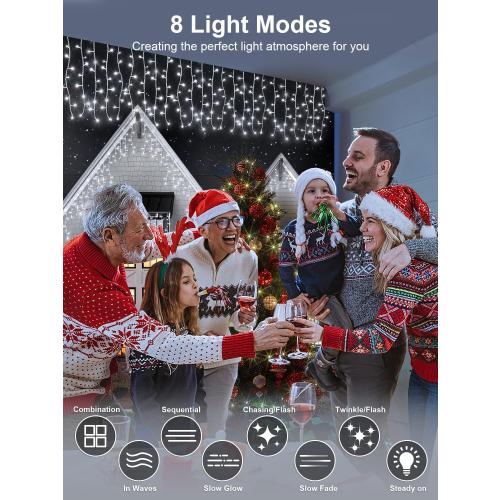 32.8FT Icicle Lights, Christmas Outdoor with 400LED 75 Drops, IP65 Waterproof Eaves Lights, 8 Modes, for Christmas Eaves Garden Room Decoration Cool White