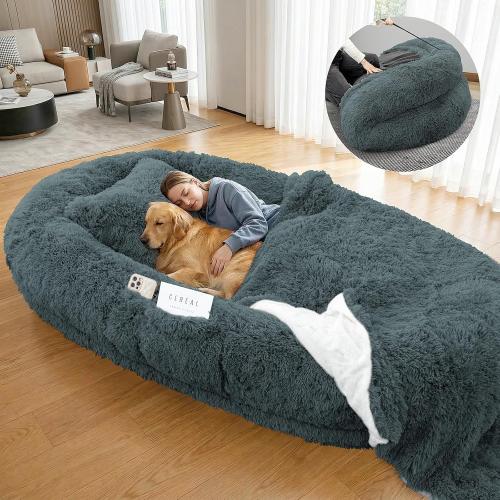 Human Dog Bed Fits You and Pets, Washable 10 CM Thick Memory Foam Dog Bed with Plump Pillow, Blanket, Strap 78x51x12,Darkgrey
