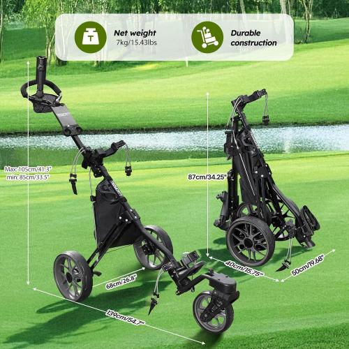 360 Golf Pull Cart: Lightweight Folding Swivel 3 Wheels Golf Caddy with Foot Brake, Cooler Bag, Drink& Umbrella Holder
