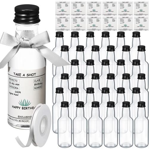30 Pack 1.7oz Mini Liquor Bottles 50ml Plastic Alcohol Bottle with Cap, Labels, Ribbon for Party Supplies(Birthday,Turquoise)
