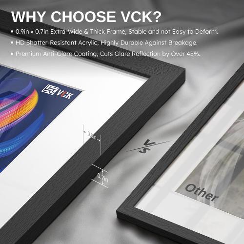 VCK 16x24 Picture Frame Black - 5 Pack, with Wood Grain Finish & Plexiglass, Displays 12x18 Photo with Mat or 16 x 24 Without, for Horizontal/Vertical Wall Hanging in Home, Office, or Gallery