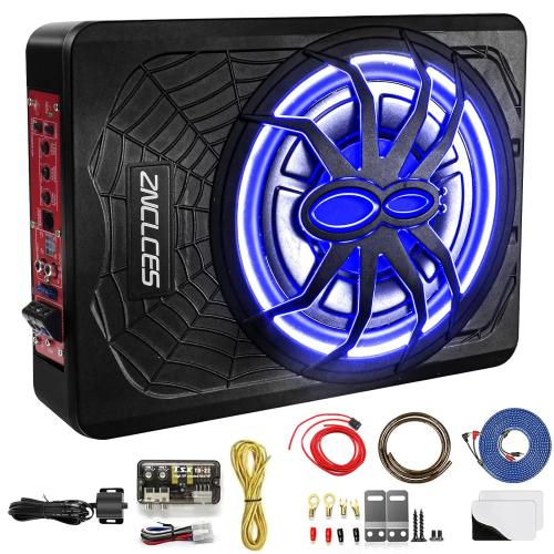 2025 Upgraded 10 1200W Slim Under Seat Powered Car Subwoofer, Car/Truck Sub Built in Amplifier for Outstanding Heat Dissipation, Powerful bass and Blue LED (Blue Light)