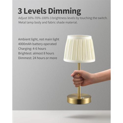 PUSU Cordless LED Gold Table Lamps, Rechargeable 4000mAh 3 Way Dimmable Bedside Small Lamp with Fabric Shade, Lighting for Bedroom, Kids Room, Bathroom, Kitchen, Decor, Gift, Night Light