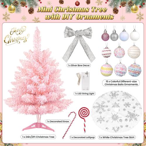 Mini Pink Christmas Tree with Lights, 2ft Artificial Small Table Top Christmas Tree with Bow, Ball Ornaments and White Tree Skirt, 24 Pcs DIY Xmas Decorations for Kids, Toddler Room