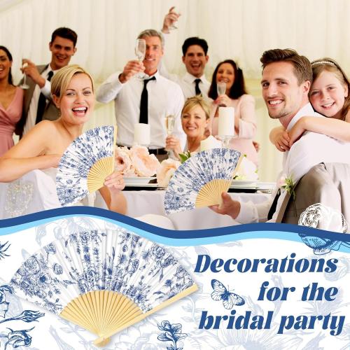 25 Sets Blue Floral Hand Folding Fans with Organza Bags Bulk Blue Flower Wedding Favors for Guests Vintage Foldable Paper Fans for Bridal Shower Wedding Bridesmaid Thank You Gift Decorations