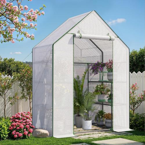 Greenhouse for Outside with Screen Windows, Outdoor Walk in Greenhouses with Durable PE Cover, 57 x 57 x 76'' Small Portable Green House with Shelves Stands,White