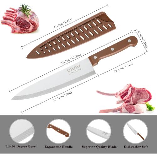 OLULU 8 inch Chef Knife, Razor Sharp Kitchen Knife with Protective Knife Sheath, Razor Sharp Slicing Knife with Ergonomic Handle, German Stainless Steel, Dishwasher Safe (Brown Color)