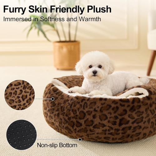 Calming Dog Beds & Cat Cave Bed with Hooded Cover,Removable Washable Round Beds for Small Medium Pets,Anti-Slip Faux Fur Fluffy Coved Bed for Improved Sleep,Fits up to 15/25 lbs(Leopard Print,M)
