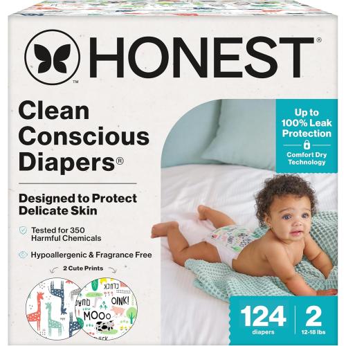 The Honest Company Clean Conscious Diapers for Delicate Skin | Up to 100% Leakproof | Hypoallergenic, Fragrance Free | Gender Neutral | Super Club Box, Size 2 (12-18 lbs), 124 Count (Prints May Vary)