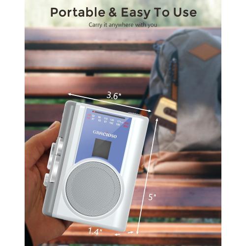 Gracioso Protable Cassette Player: AM FM Compact Cassette Tape Player with 3.5mm Headphone,Big Speaker & Earphone Jack, Build in Microphone,Cassette Recorder Player Powered by DC or AA Battery