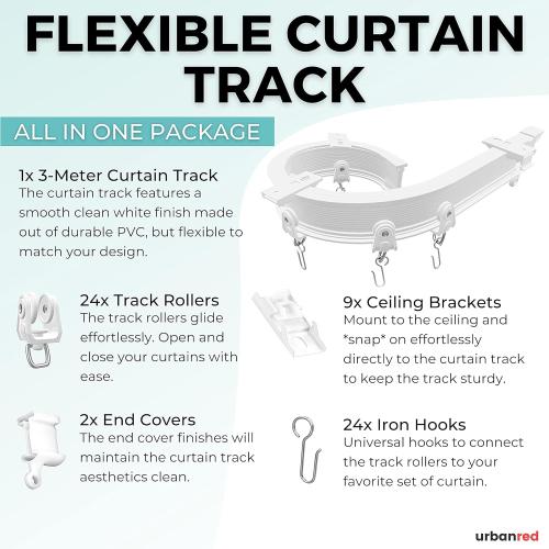 UrbanRed Flexible Bendable Ceiling Curtain Track, 9.8FT (3m), Mount for Rail with Curtain Tracks System, Room Divider, Curtains Rod, RV Ceiling Track for Curtains, White