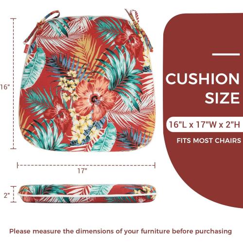 Indoor/Outdoor Chair Cushions 17X16X2 with Ties for Dining Chairs Set of 2, Waterproof U-Shaped Chair Pads, Foam Seat Cushions for Patio Kitchen Garden Office-Chili Red Floral