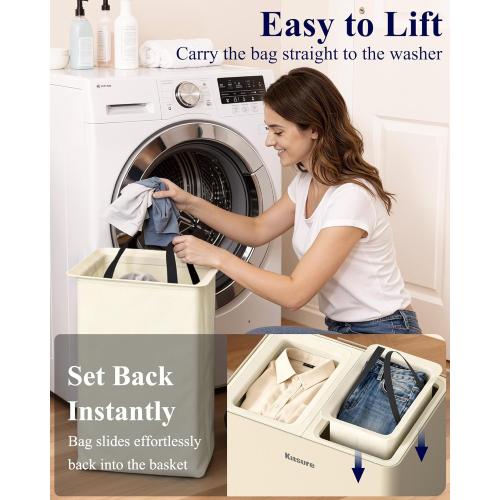 Kitsure Laundry Basket 160L – Large Laundry Hamper with Lid, 2-Compartment Divided Clothes Sorter with Removable Hamper Bags, Beige Organizer for Laundry Room, Bathroom & Bedroom, 22.2 x 16 x 27.4