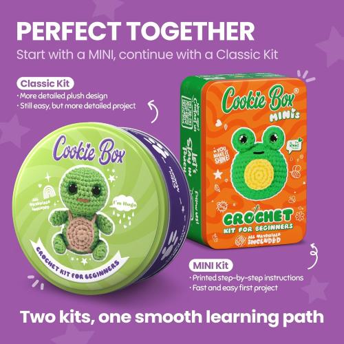 Cookie Box Original Crochet Kit for Beginners – Gift Set to Make Turtle Hugo Amigurumi Plushie – Easy DIY Crochet & Knitting Starter Kit with Video and PDF Tutorials