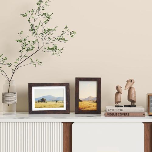 KINLINK 5x7 Picture Frame Brown Set of 4, Wooden Photo Frames Matted 4x6 with Plexiglass for 4x6 with Mat or 5x7 without Mat for Table and Wall Display