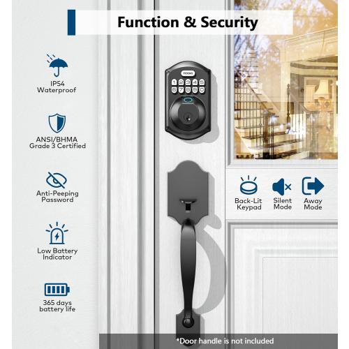 TEEHO TE002 Fingerprint Door Lock - Keyless Entry Electronic Keypad Deadbolt with 2 Backup Keys - Auto Lock - Easy Installation - Smart Locks for Front Door - Matte Black