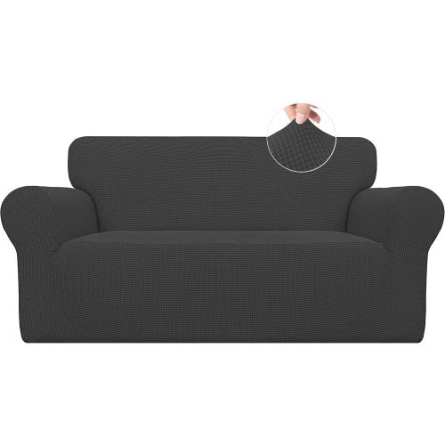 Easy-Going Stretch Loveseat Slipcover 1-Piece Sofa Cover Furniture Protector Couch Soft with Elastic Bottom for Kids Polyester Spandex Jacquard Fabric Small Checks (Loveseat, Dark Gray)