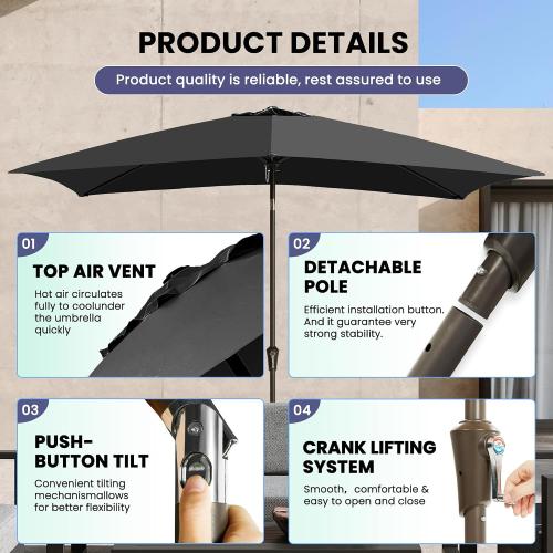 Size  6.5x10FT  Color Red Rectangular Patio Umbrella Outdoor Table Umbrella w/Push Button Tilt & Crank Rectangle Market Umbrella UV Protection for Garden,Deck,Lawn,Yard & Pool,Black