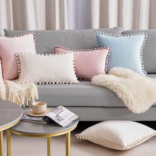 Topfinel Decorative Throw Pillow Covers 18x18 Set of 2, Cream White Couch Square Pillow Covers for Sofa Bed, Soft Velvet Cushion Covers with Pom Poms for Livingroom Bedroom Modern Home Decor