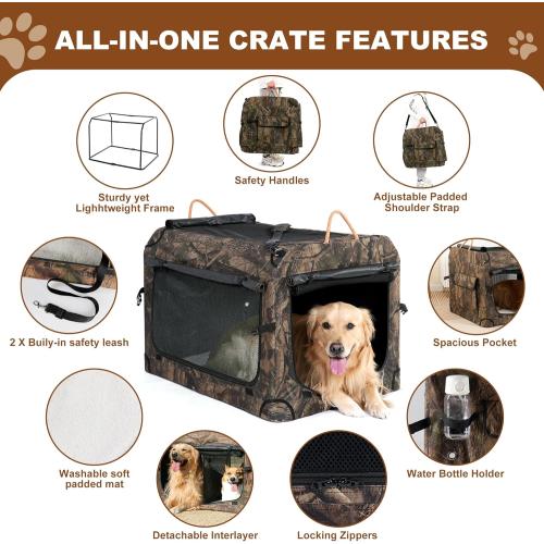 KOOPRO 36.5 Inch Collapsible Dog Crate, Portable Soft-Sided Dog Travel Carrier Camouflage Style Pet Kennel 4-Door with Durable Mesh Windows, Washable Mat, Indoor & Outdoor for Small Medium Large Dogs