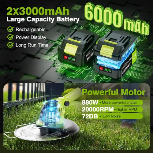 Green 12 Kihoplly Stringless Weed Wacker Cordless Eater, 21V 3000mAh*2 Battery Powered Grass Trimmer Brush Cutter, 3-in-1 Wheeled Lawn Edger with Blades, Electric String Trimmer 2 Batteries and Charger