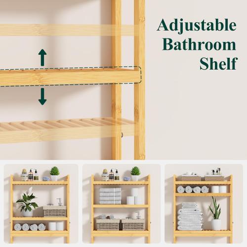 Smiry Over The Toilet Storage Cabinet, 3-Tier Bamboo Bathroom Organizers with Adjustable Shelf & 4 Hooks, Space Saving Shelf Rack for Bathrooms, Laundry Room, Balcony, Natural