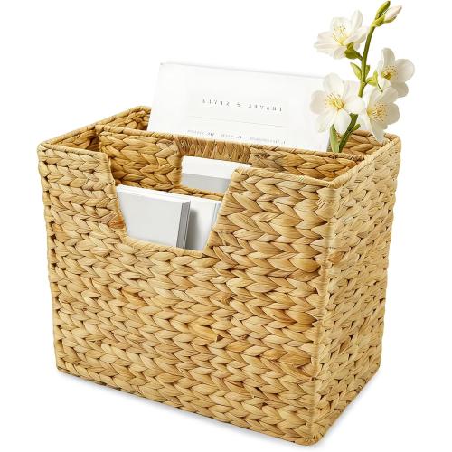 Handwoven Wicker Magazine Basket Decorative Water Hyacinth Storage Bin & Organizer with Handle for Office Living Room Dorm Bathroom