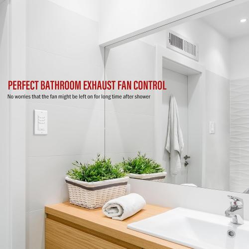 ENERLITES 1-Hour Countdown Timer Switch, 1-5-10-20-30-60 Min, for Bathroom Fans, Heaters, Lights, LED Indicator, 120VAC 800W, No Neutral Wire Required, UL Listed, HET06-J6-W, White, 1 Pack