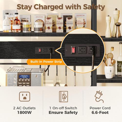 SUPERJARE Large Bakers Rack with Power Outlets, 6-Tier Microwave Stand, Coffee Bar with 12 S-Shaped Hooks, Kitchen Shelf with Wire Basket, 39.4 x 14.6 x 66.9 Inches, Black