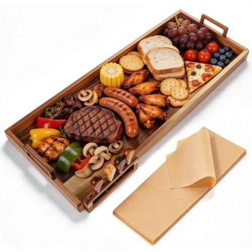 Large Charcuterie Boards with Cheese Knife Set,30 x 12 Inch Acacia Wood Serving Tray with Handles,Long Wooden Charcuterie Board with 30Pcs Wax Paper,Large Cheese Board Gift Set