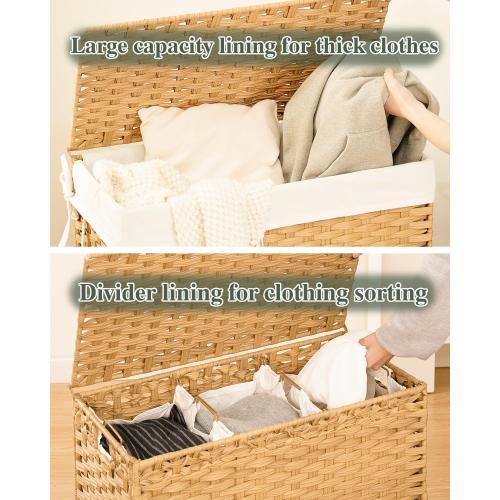SETVSON Laundry Hamper with Lid Laundry Basket 132 L (35 Gal) Wicker Clothes Hamper, Handwoven Rattan Hamper with Handles and 4 Removable Liner Bags, 6 Mesh Bags for Laundry Bedroom Natural