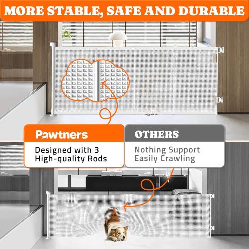 Pawtners Retractable Baby Gates Extra Wide, 41 Tall Extends up to 71 Wide, Dog Gate Indoor with for Stairs, Pet Gate with Support Rods for Doorways Hallways Indoor & Outdoor-White