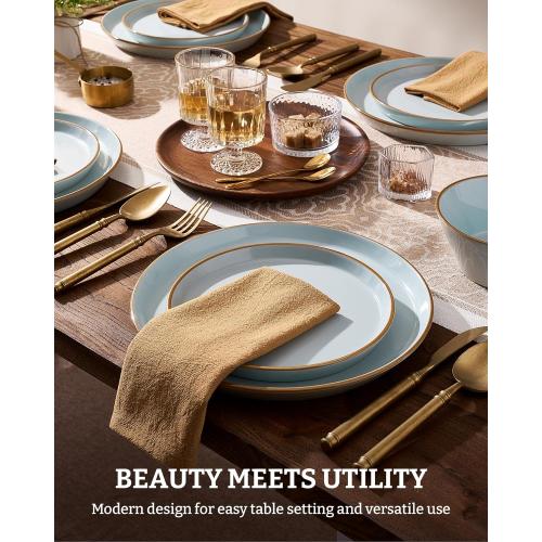 Famiware Saturn Plates and Bowls Dish Set Stoneware Dinnerware Set with Hand-Painted Trim - Chip & Scratch Resistant, Microwave & Dishwasher Safe Ceramic Dishes, Light Blue