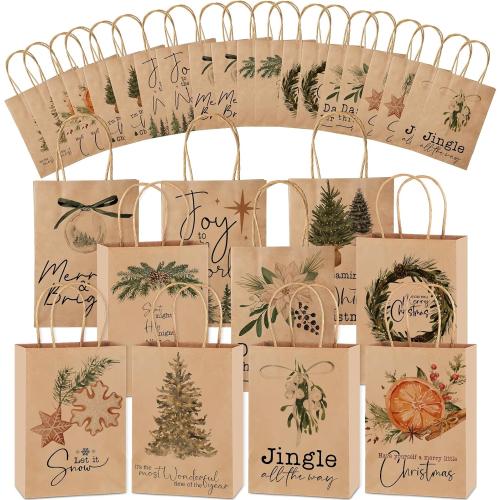 Tenceur 20 Pcs Christmas Gift Bags Bulk with Handles Reusable Kraft, Holiday Vintage Small Paper Christmas Bags for Gifts for Xmas Stuffer Candy Present Wrapping, 8.27 x 5.91 x 3.15 Inches (Brown)