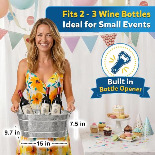 2 Pack Small Galvanized Tub with Handles - Beverage Tub, 3 Gallon Ice Bucket for Small Parties, Metal Drink Buckets for Parties for Champagne Cocktails Wine Cooling for Mimosa Bar Supplies