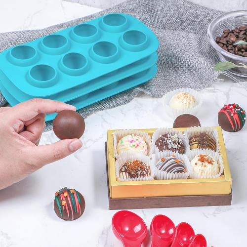 Webake Sphere Ball Chocolate Molds Platinum Silicone, 3 Pack 8-Cavity Round Baking Molds for Halloween Eyeball, Jelly, Cake Pop, Truffle, Mousse, Ice Cube & Pastry Making, Includes Free Filling Scoop